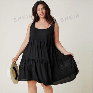 Black Solid Flounce Hem tier Dress